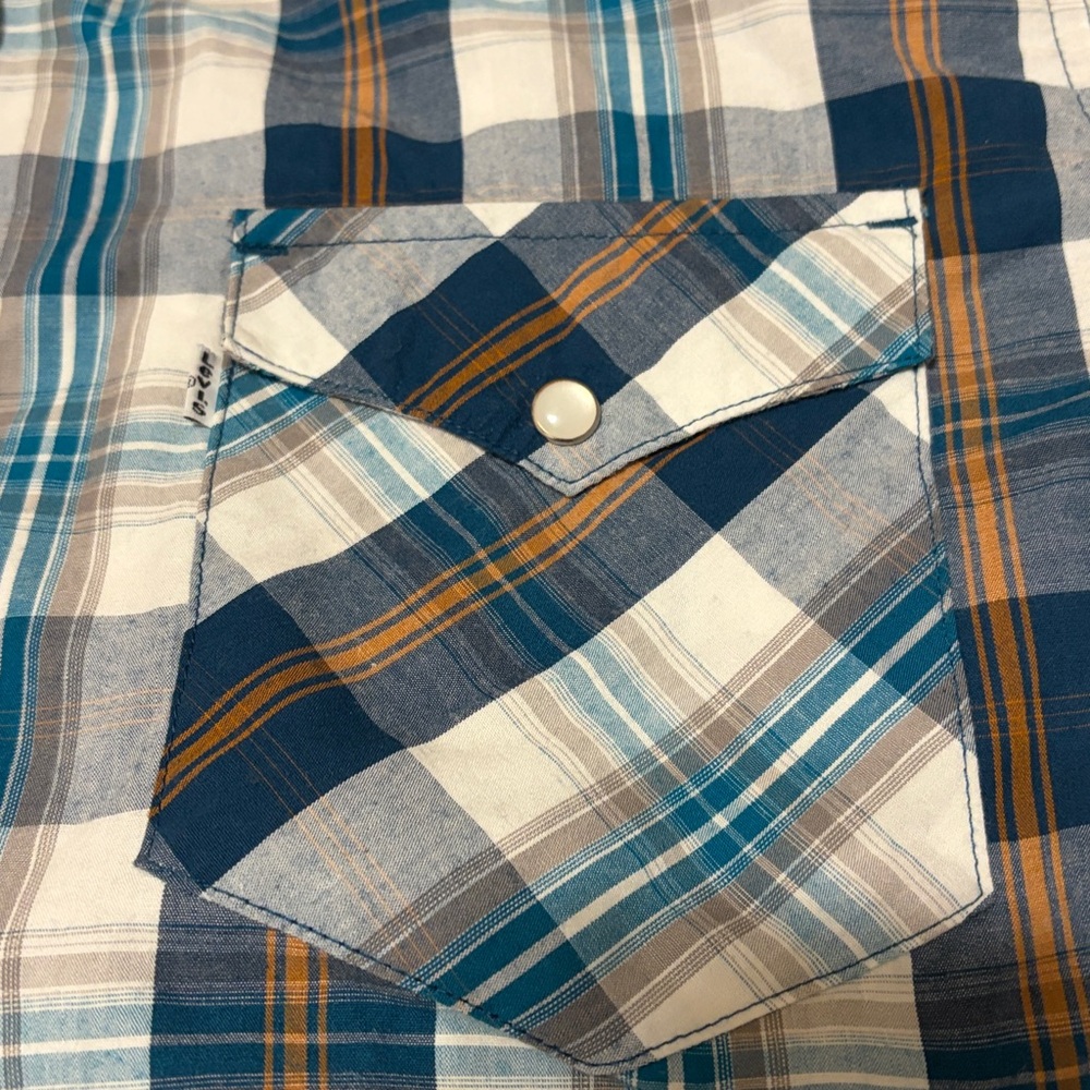 Levi’s Pearl snap Western short sleeve plaid shirt navy teal rust gray white